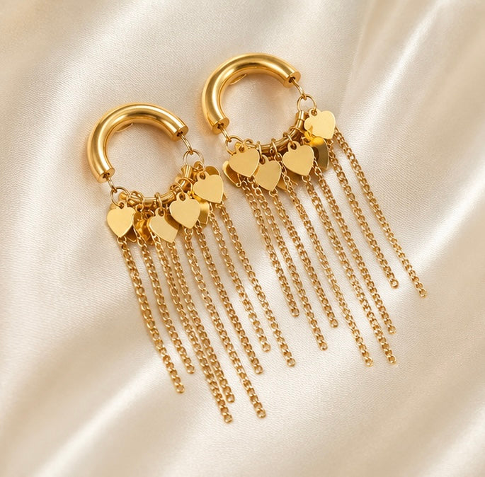 Trendy Heart Charm Tassel Hoop Earrings