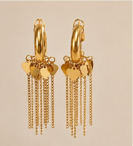 Trendy Heart Charm Tassel Hoop Earrings