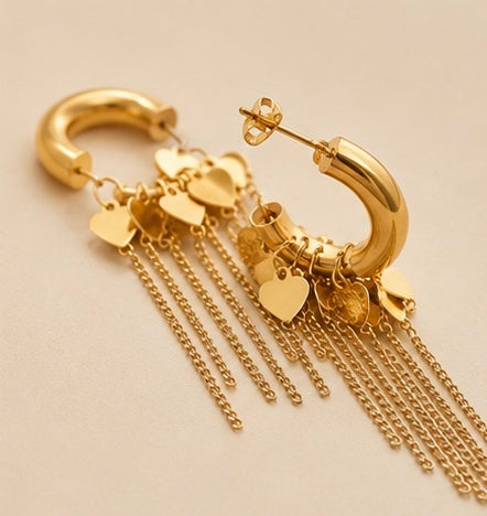 Trendy Heart Charm Tassel Hoop Earrings